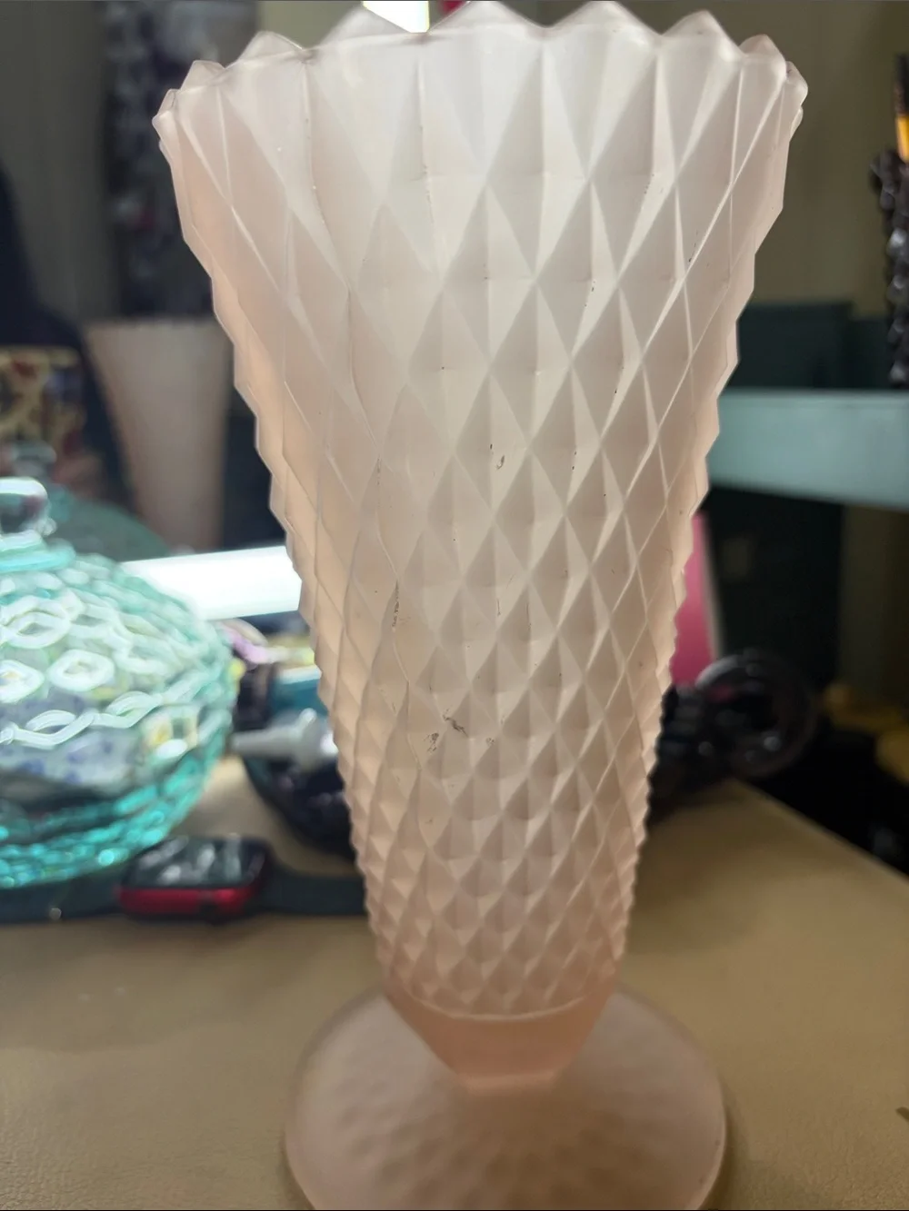 Vintage Indiana Glass Pink Frosted Satin Diamond Point Fluted Footed Vase.